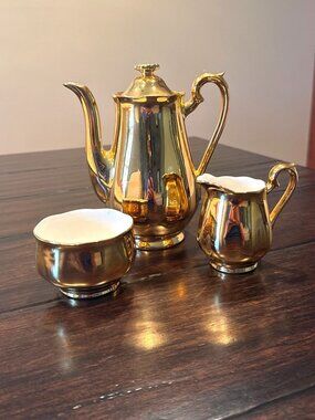 Hall Golden Glo 22K Gold Coffee Tea Set 22K Gold USA Teapot Creamer Sugar MCM